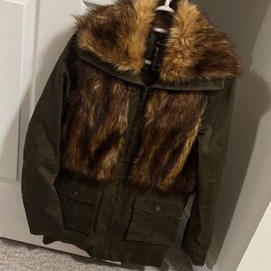 Design Lab Lord & Taylor Olive Green Teddy Jacket with Faux Fur
